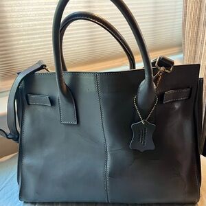 Leather tote/laptop case men or women, gray, gold hardware, 13-14” laptop, lined